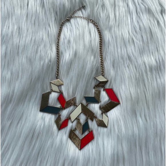 Gold and Red Aztec Geometric Statement Necklace - Picture 5 of 14